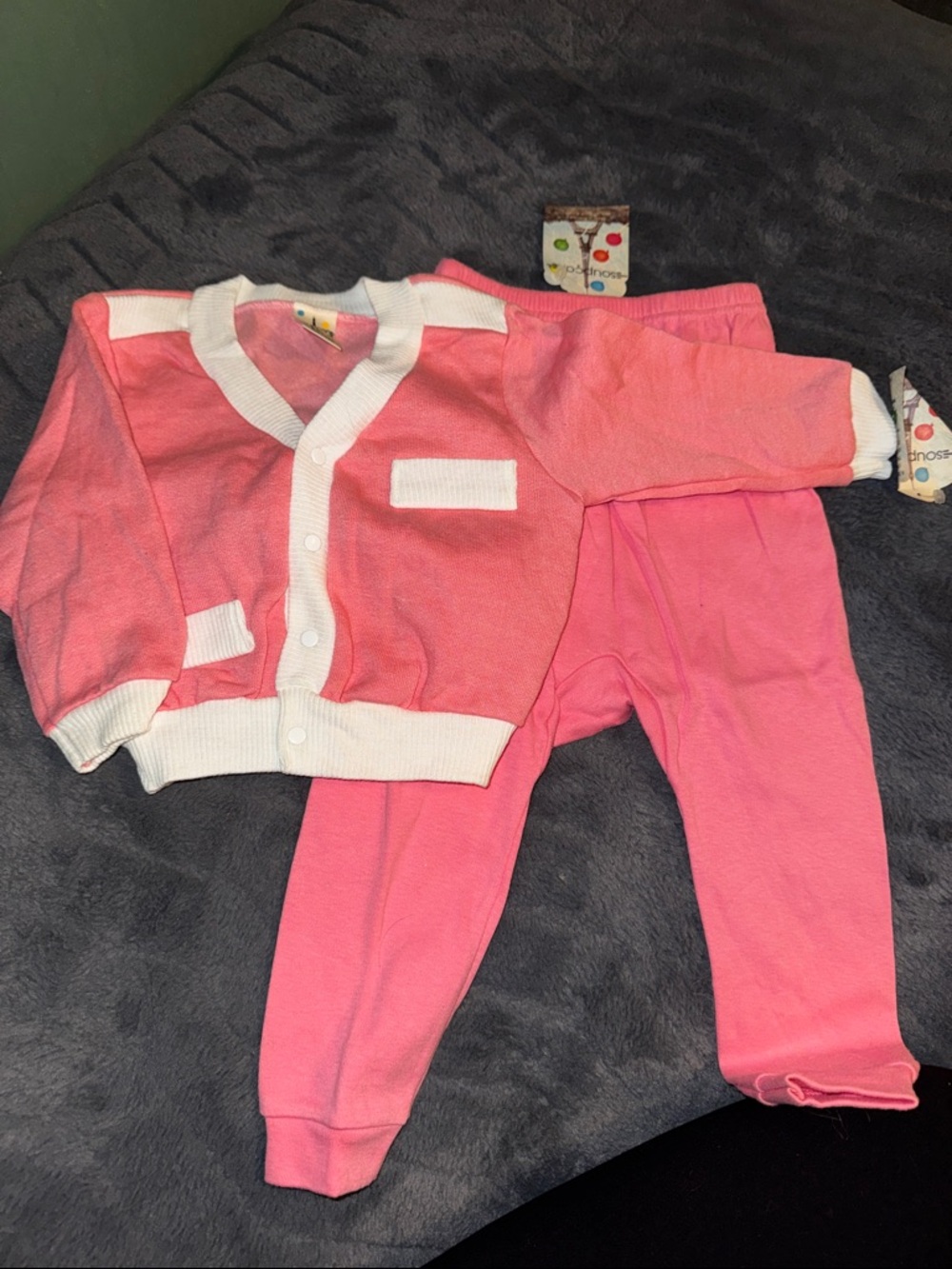 Vintage NWT Baby Cardigan Pink Two-Piece Matching Set with White Trim